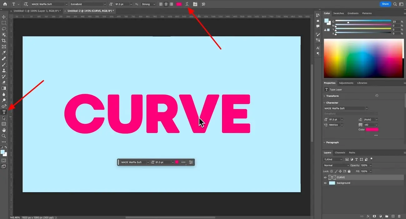 Screenshot of the workspace of Photoshop - How to Curve Text