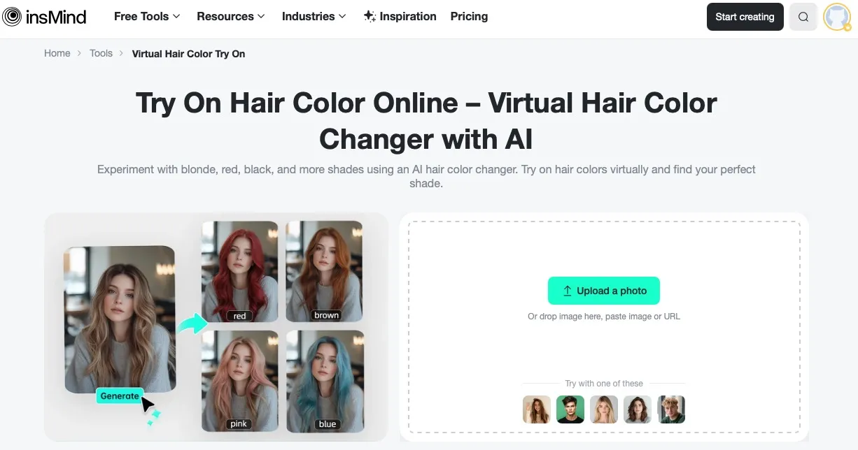 Try different hair colors online for free with insMind's virtual hair color changer.