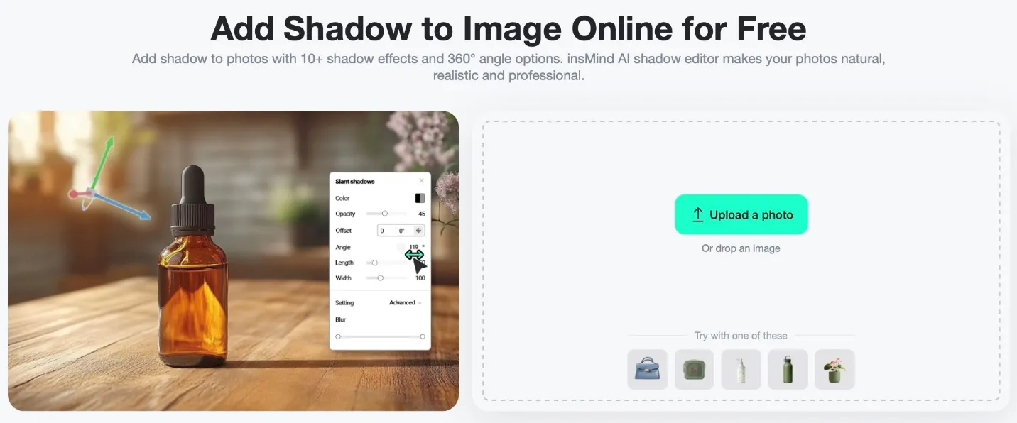 Screenshot showing how to access the AI Shadow Tool in the insMind interface