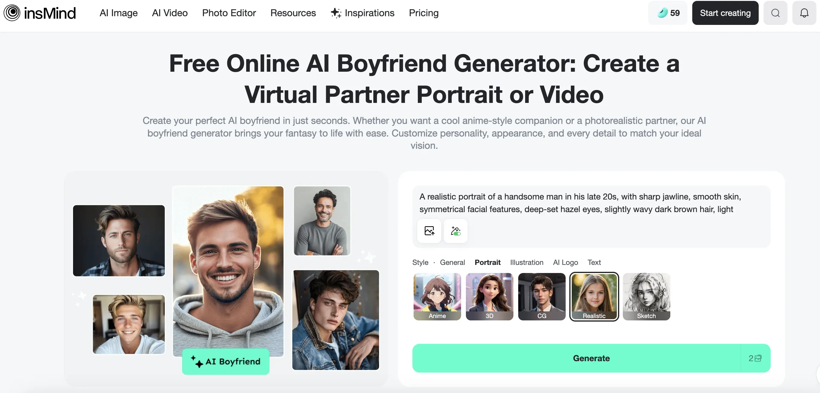 Screenshot of insMind’s AI Boyfriend Generator interface.