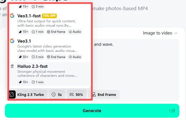 Choose Model Interface Select your preferred model for video creation