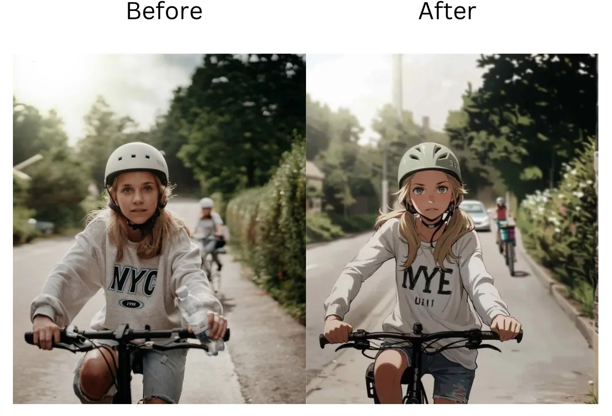 Demonstration image showing a photo before and after adding Disney Pixar Filter using the insMind tool