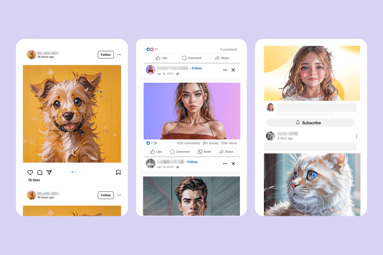 AI image generator can help you create eye-catching visuals that suit your brand identity in seconds. Effortlessly produce engaging content for your marketing campaigns and social media posts without sacrificing image quality.