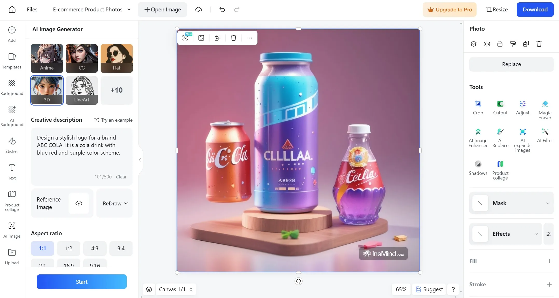 Screenshot of the generating cola brand logo with insMind's AI Image Generator