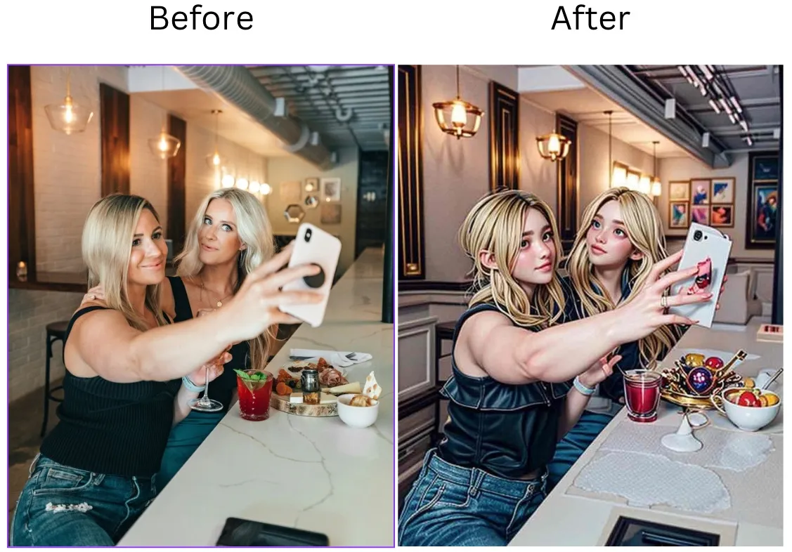 Demonstration image showing a photo before and after changing Cartoon Filters the  using the insMind tool