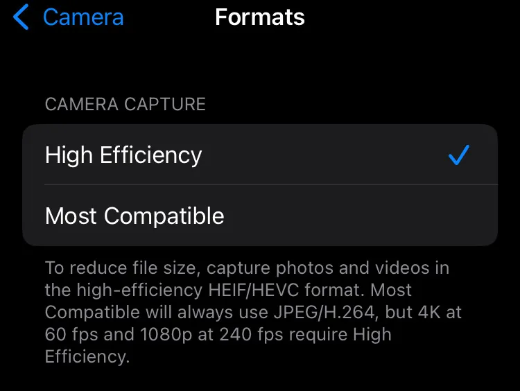 Screenshot demonstrating the process of Choosing a High-Efficiency format