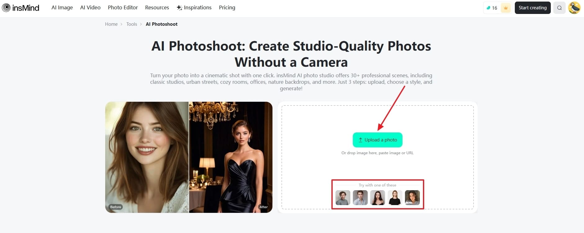 Upload Image on insMind AI Photoshoot