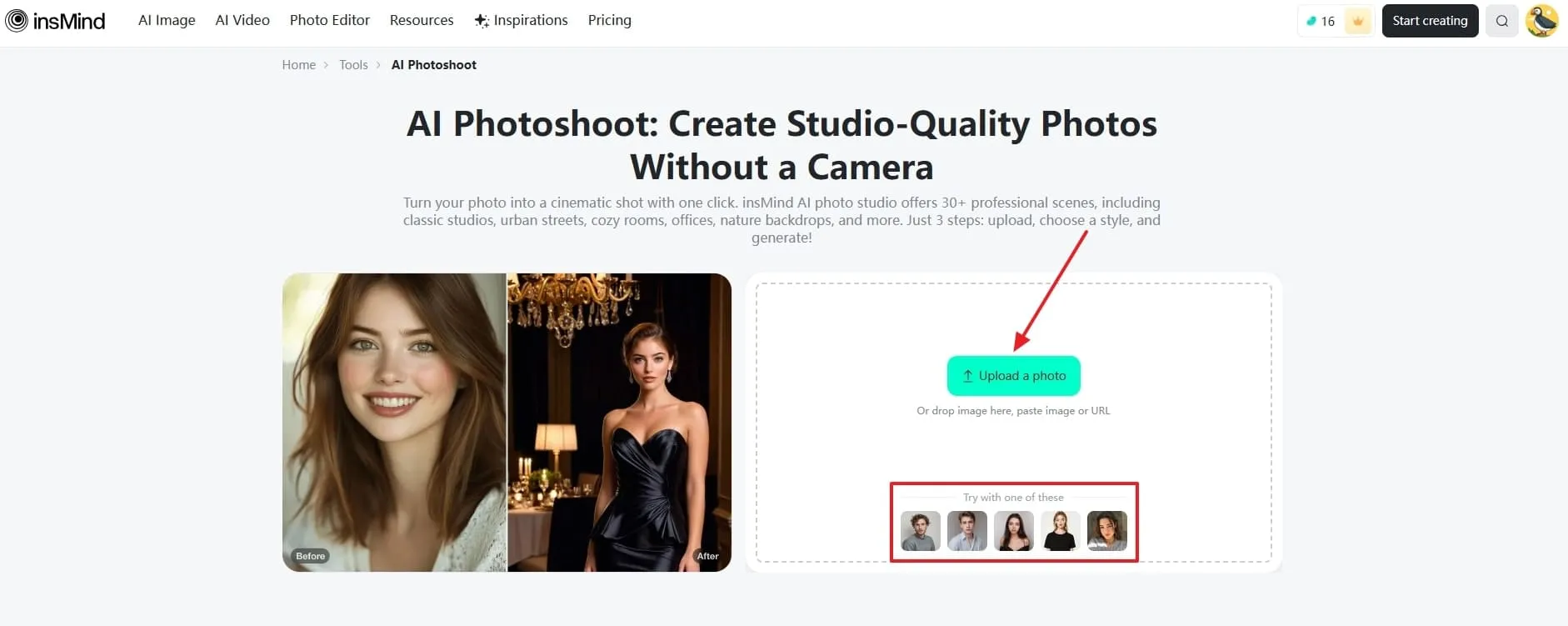 Upload Image on insMind AI Photoshoot