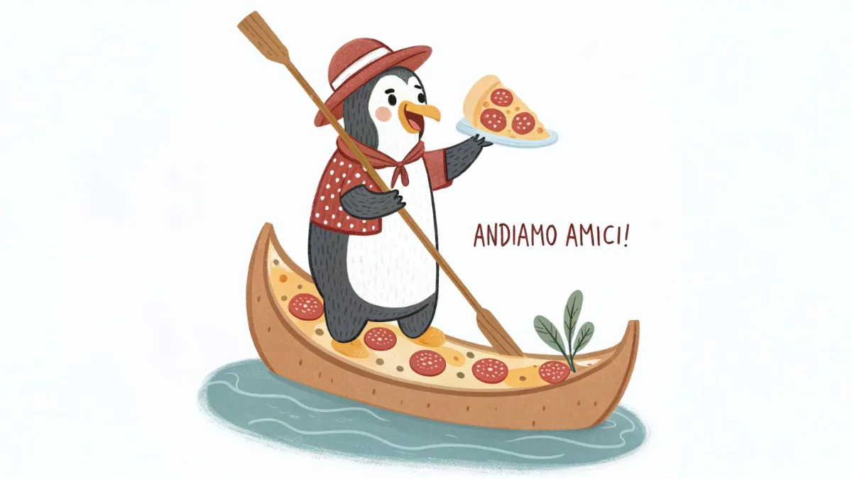 penguin driving a gondola holding pizza