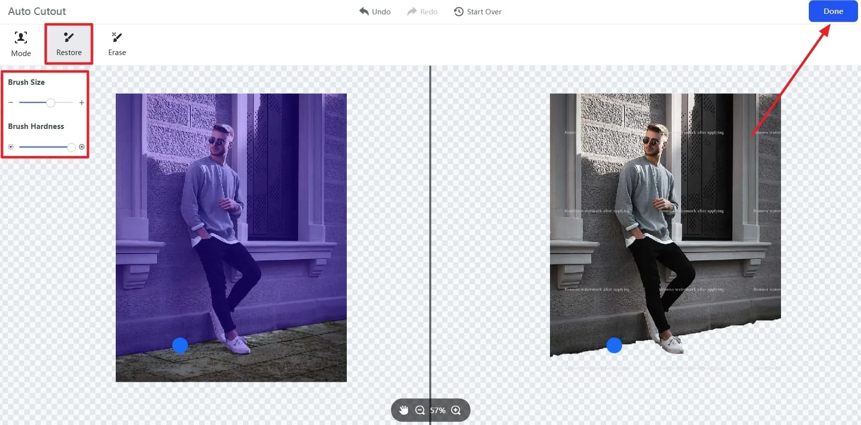The interface for adjusting a cutout on Background Removal Tool
