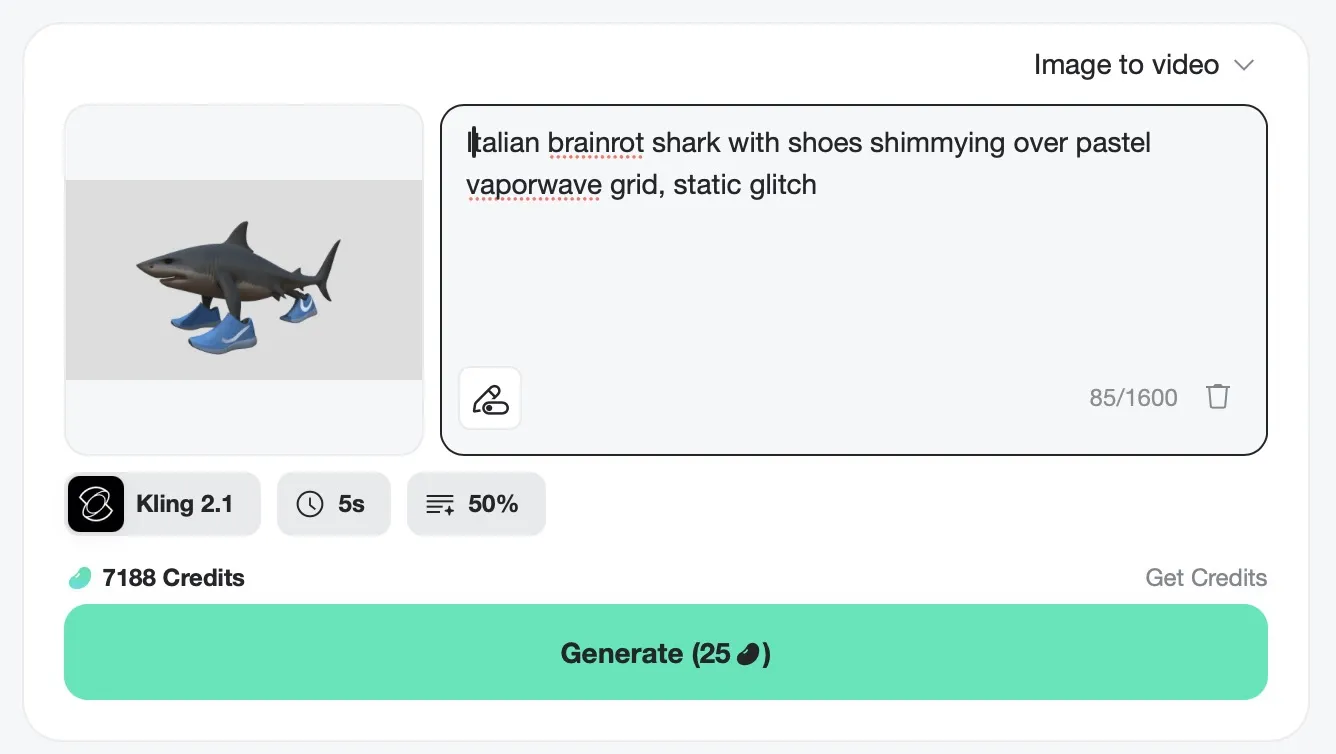 Use the prompt box to describe effects like vaporwave or Italian shark memes.