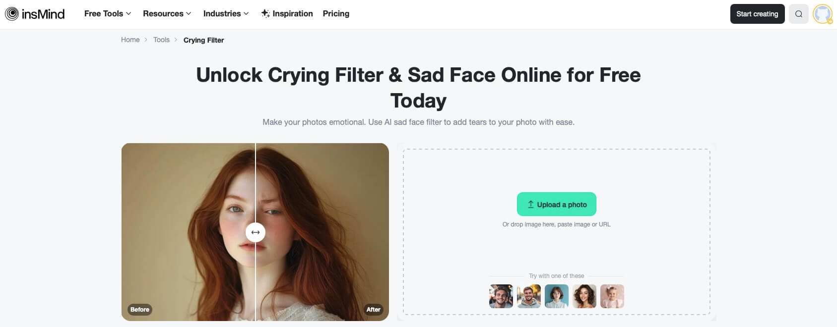 Start editing by uploading your photo to the cry filter tool.