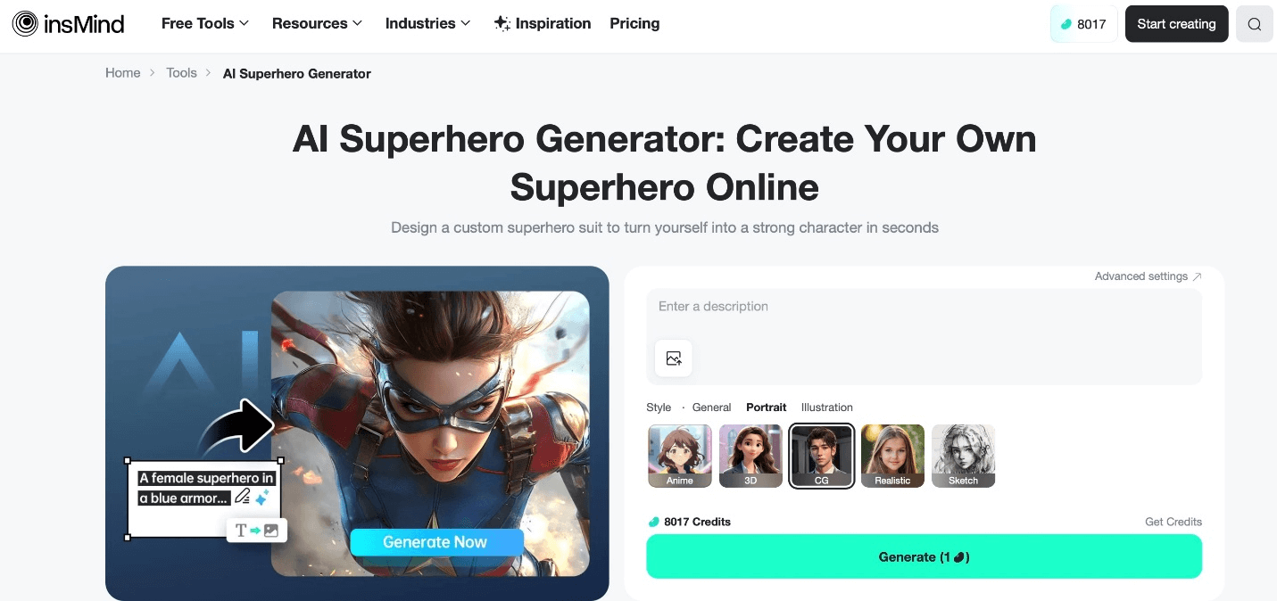 Start creating your superhero persona with AI instantly.