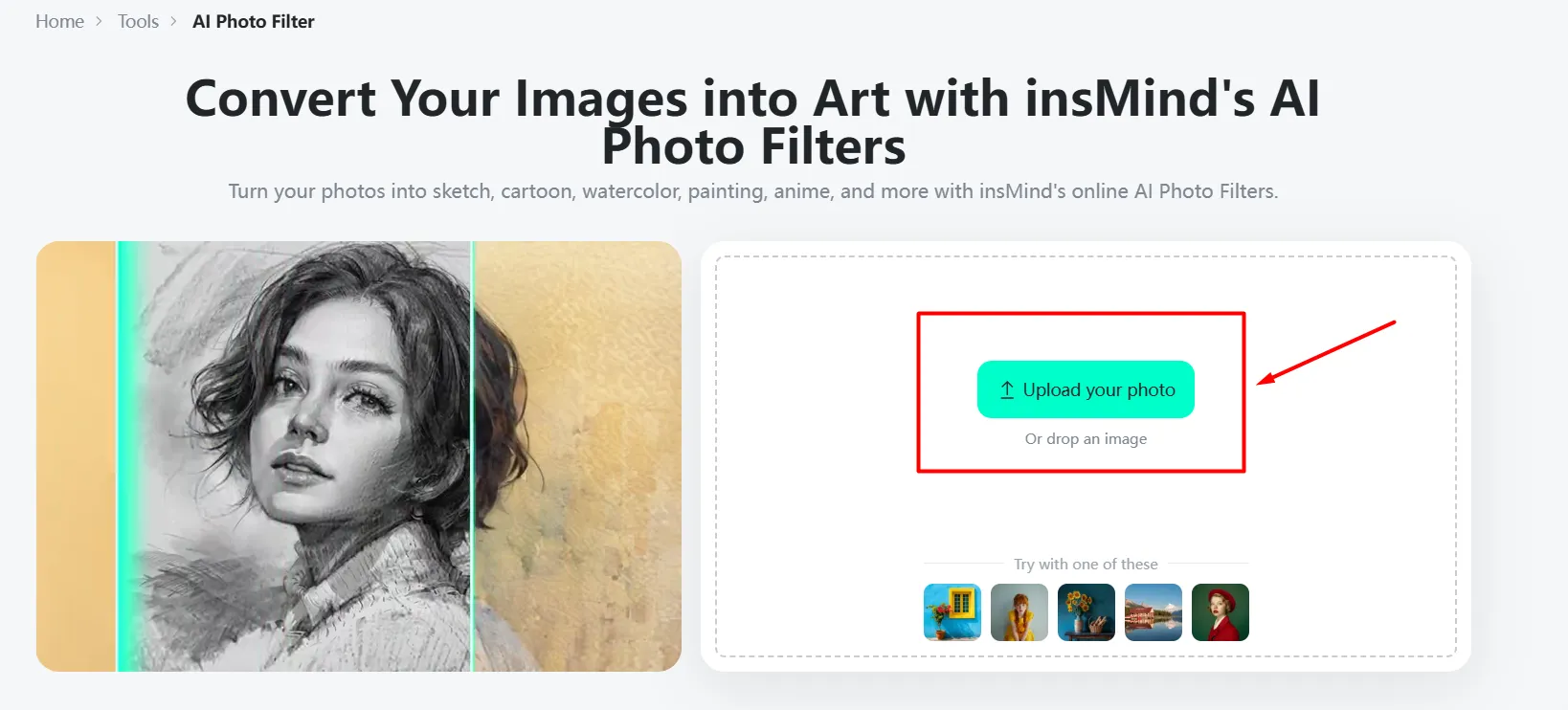 Screenshot demonstrating the process of uploading a photo to the AI Filter Tool in insMind