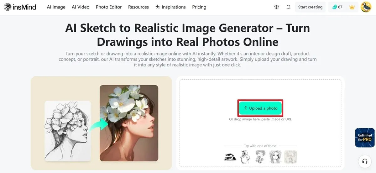 Shows how uploading a sketch enables AI drawings' realistic enhancement instantly.