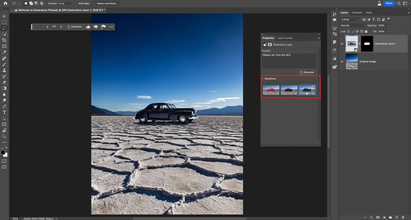 Screenshot that shows how to selct the desired variant acorss adobe photoshop - AI Fill in Image