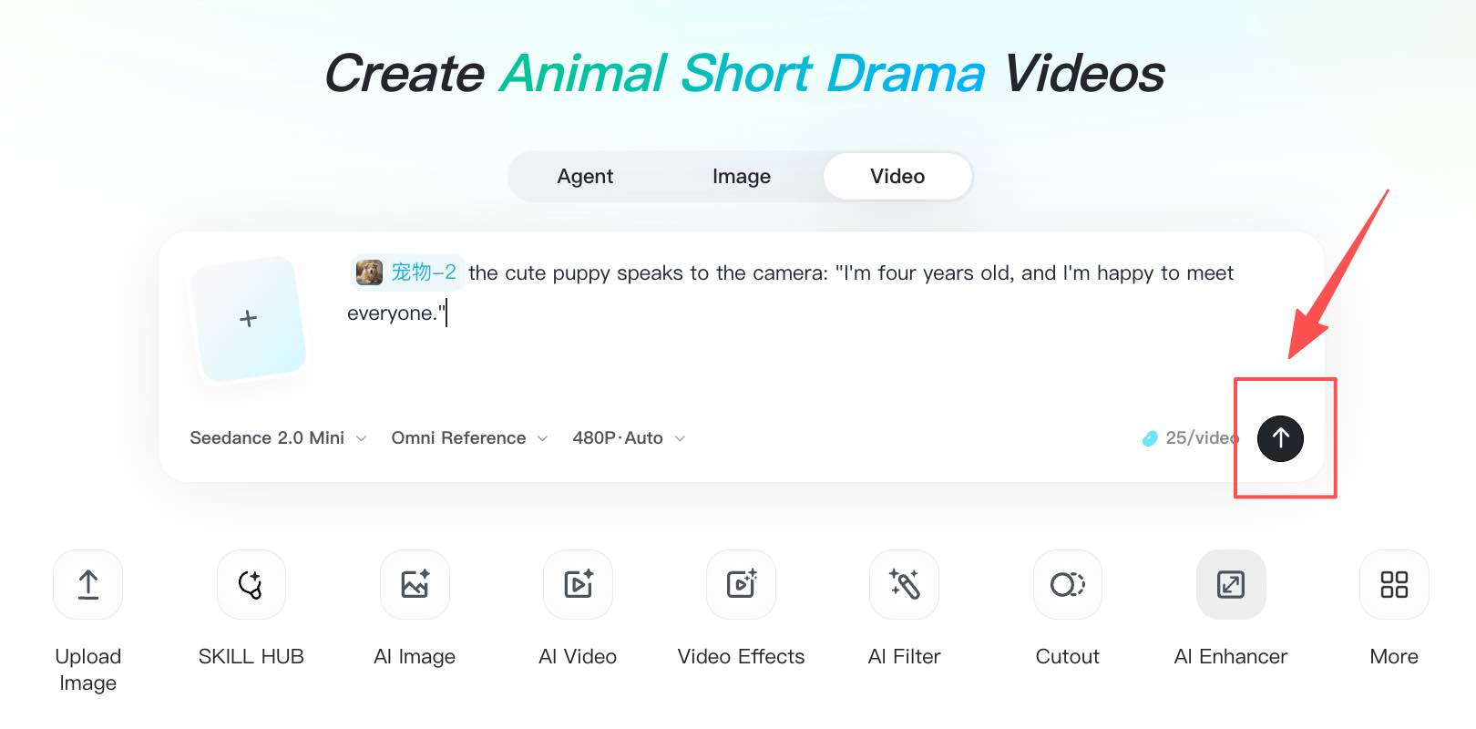 Generate button creates a talking animal video from the prompt.