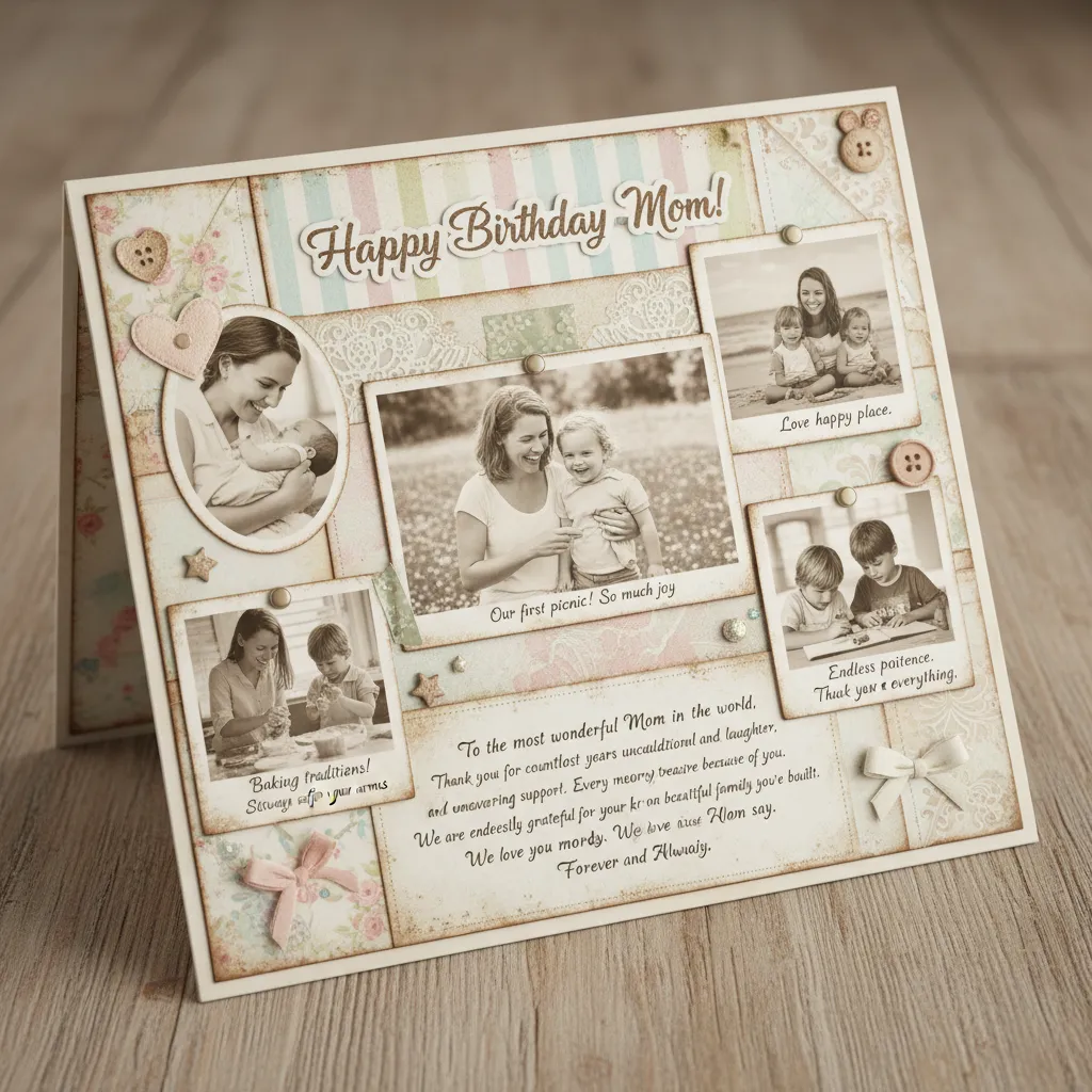 Scrapbook Birthday Card for Mom A collage-style birthday card for Mom featuring family photos, decorative elements, and nostalgic touches celebrating cherished memories.