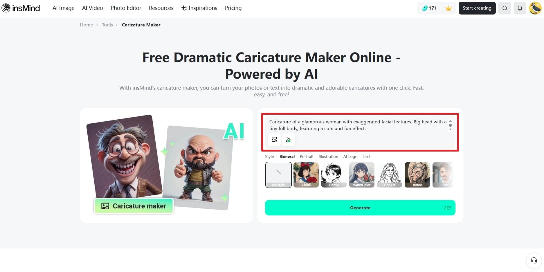 Optimize the written prompt on insMind Caricature Maker