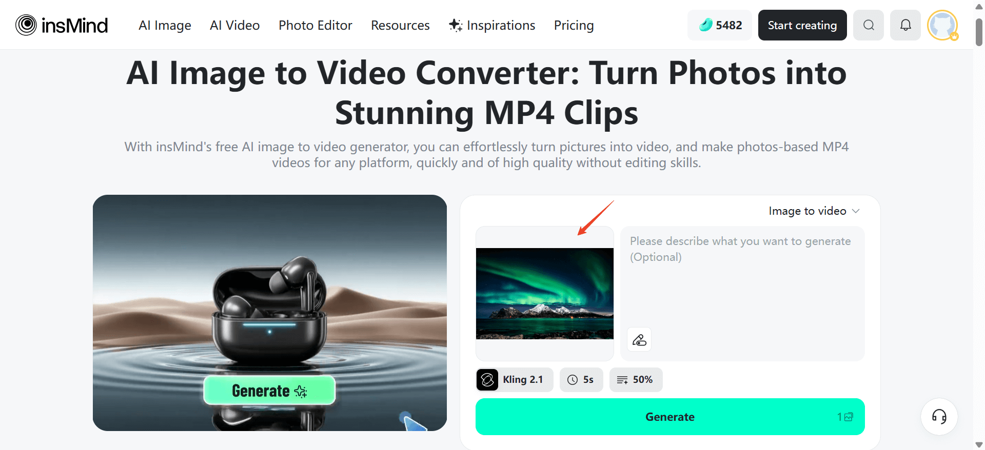 Click upload to add images for video generation; text-only options are available too.