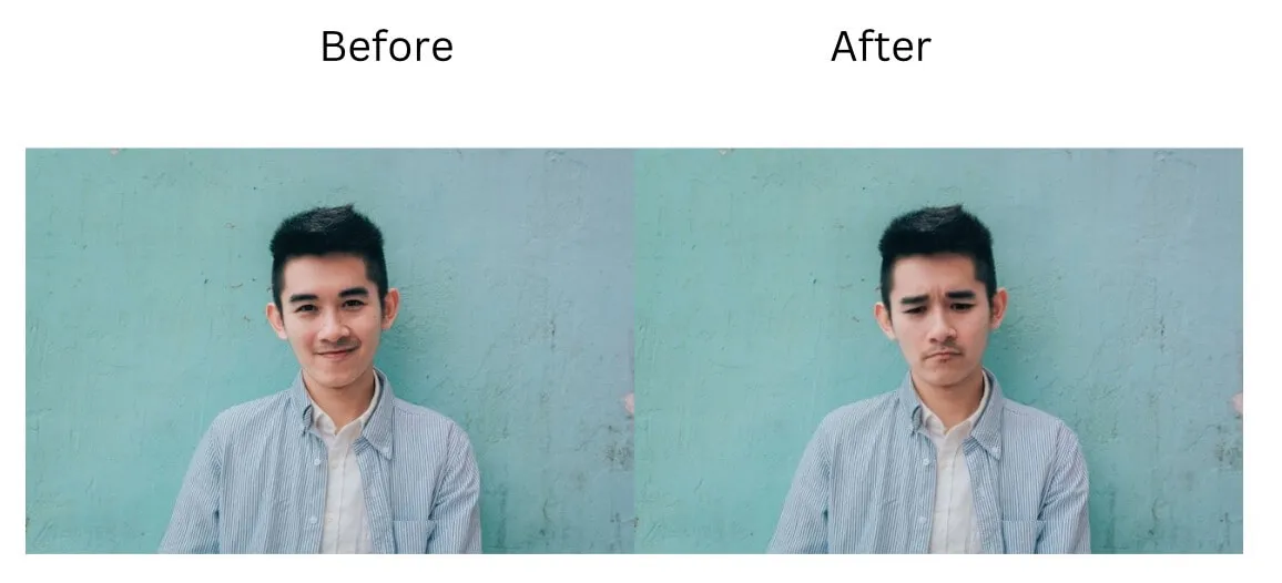 Comparison of the original photo and the photo with a sad face effect.