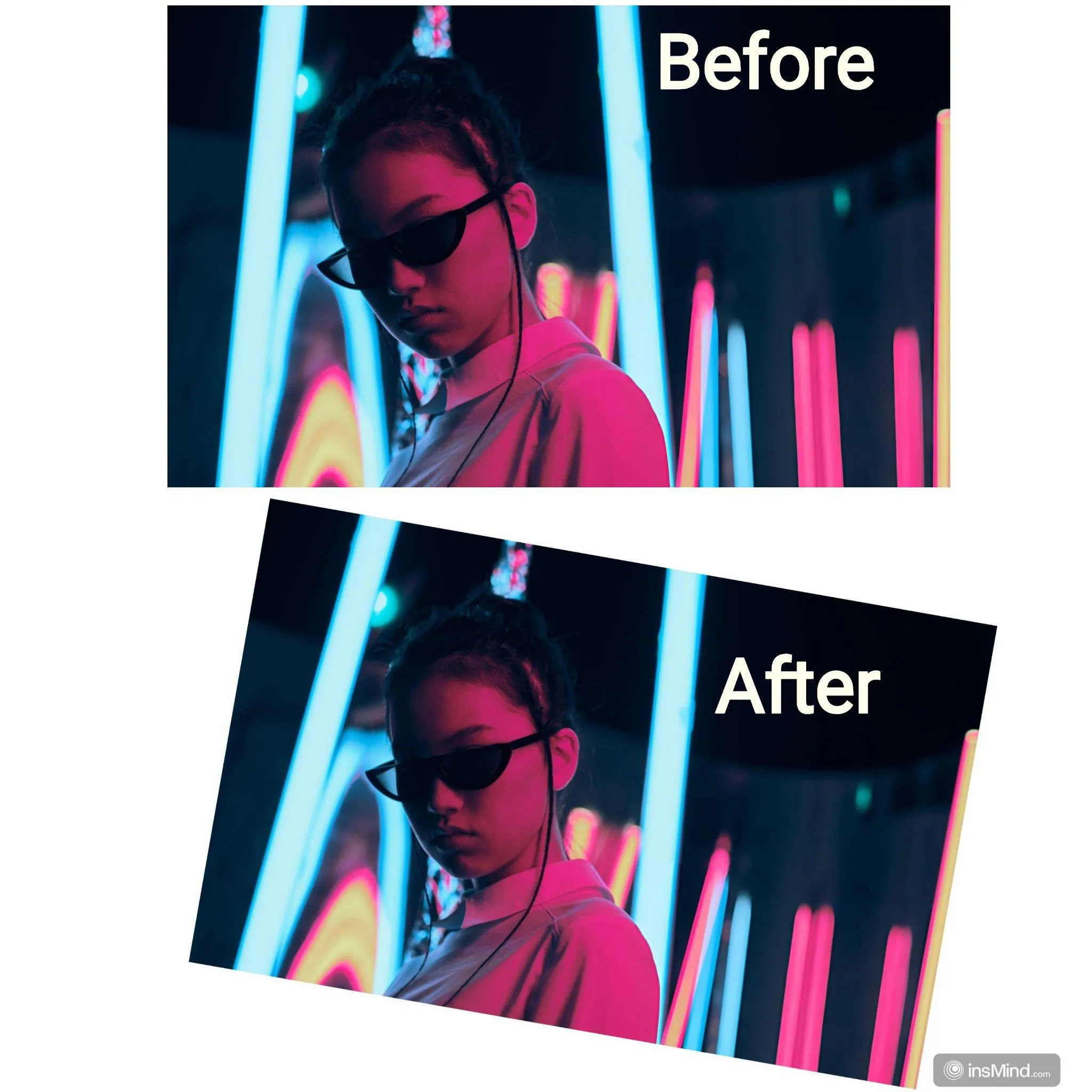 Demonstration image showing a photo before and after Rotating using the insMind tool