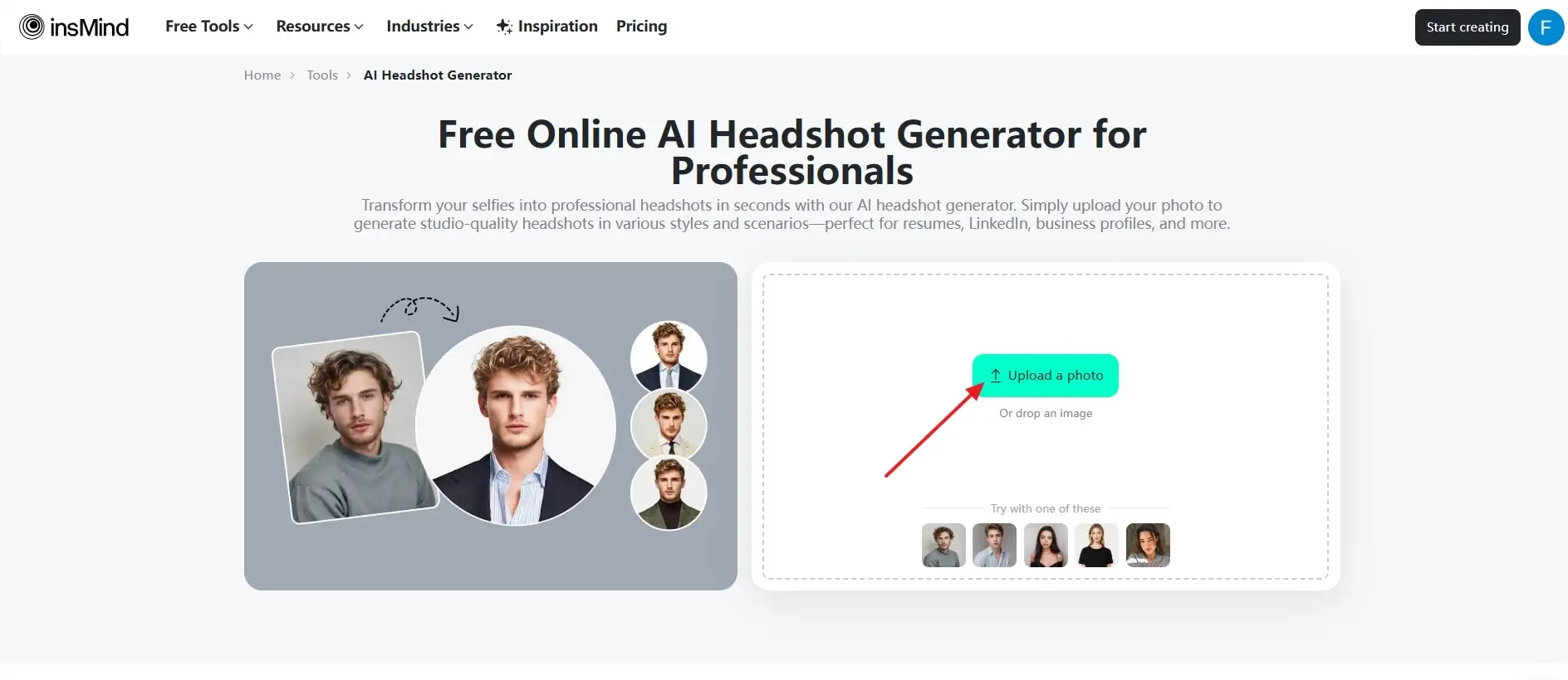 Press upload a photo button for making an ai headshot