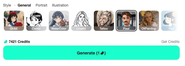 Choose the pixel art style, apply filters, and instantly generate your artwork.
