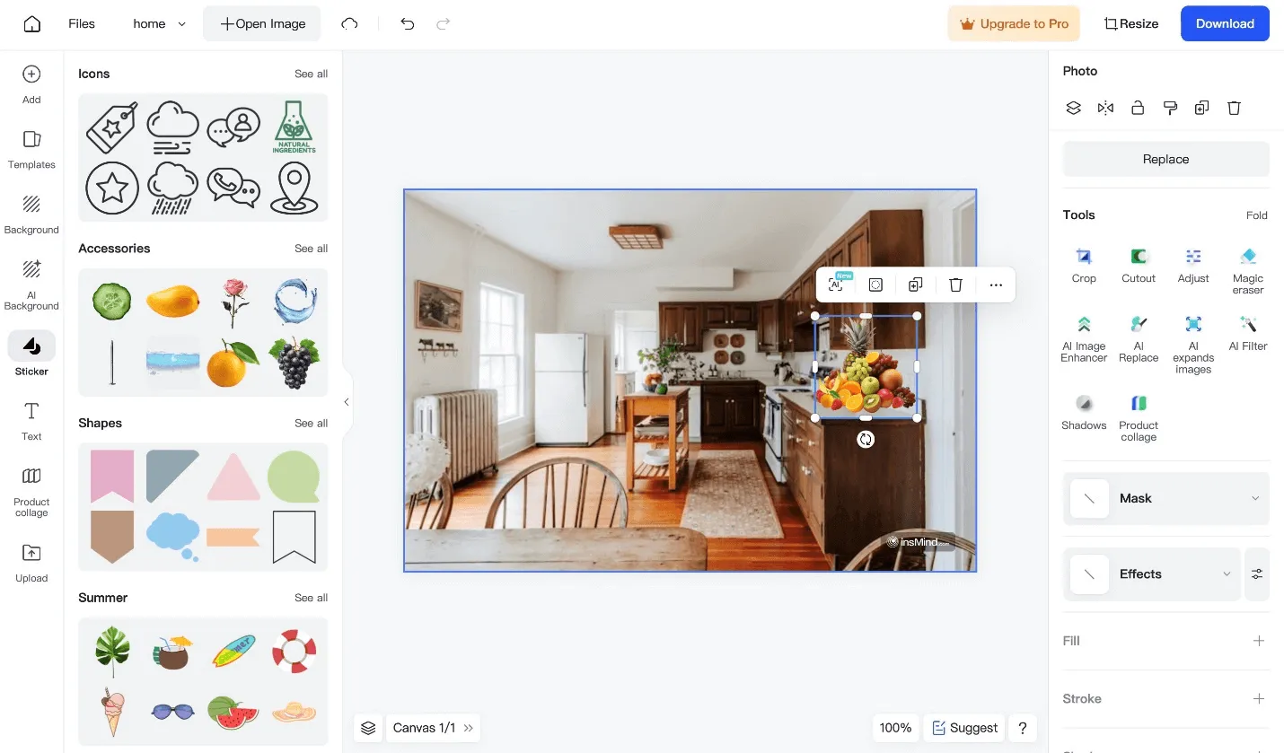 screenshot demonstrating the customization of a photo sticker in insMind