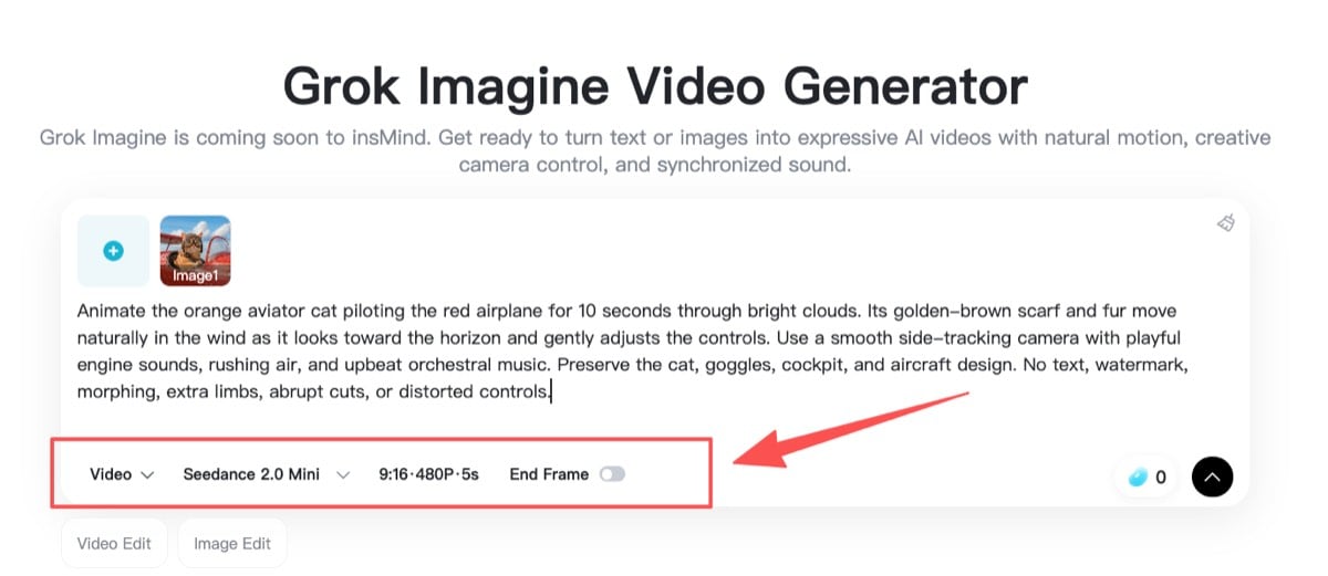 Configure Video Settings Video model, aspect ratio, resolution, and duration controls.