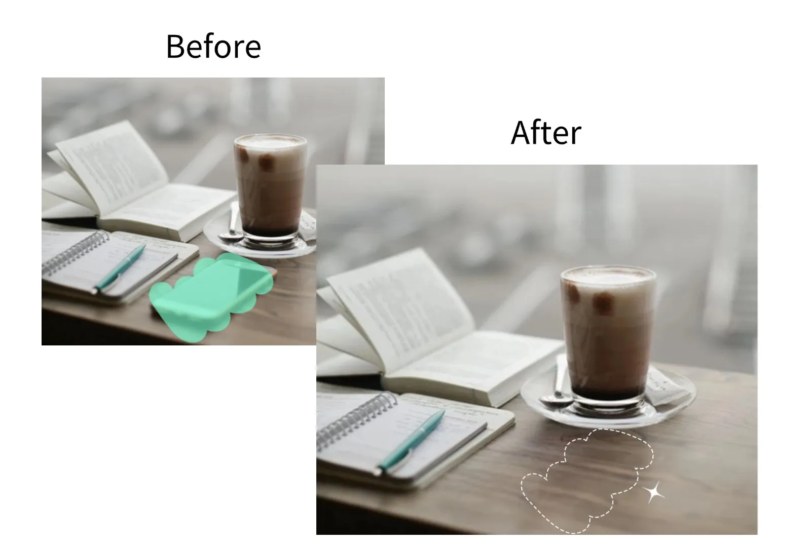 Demonstration image showing  before and after Removing objects using the insMind tool