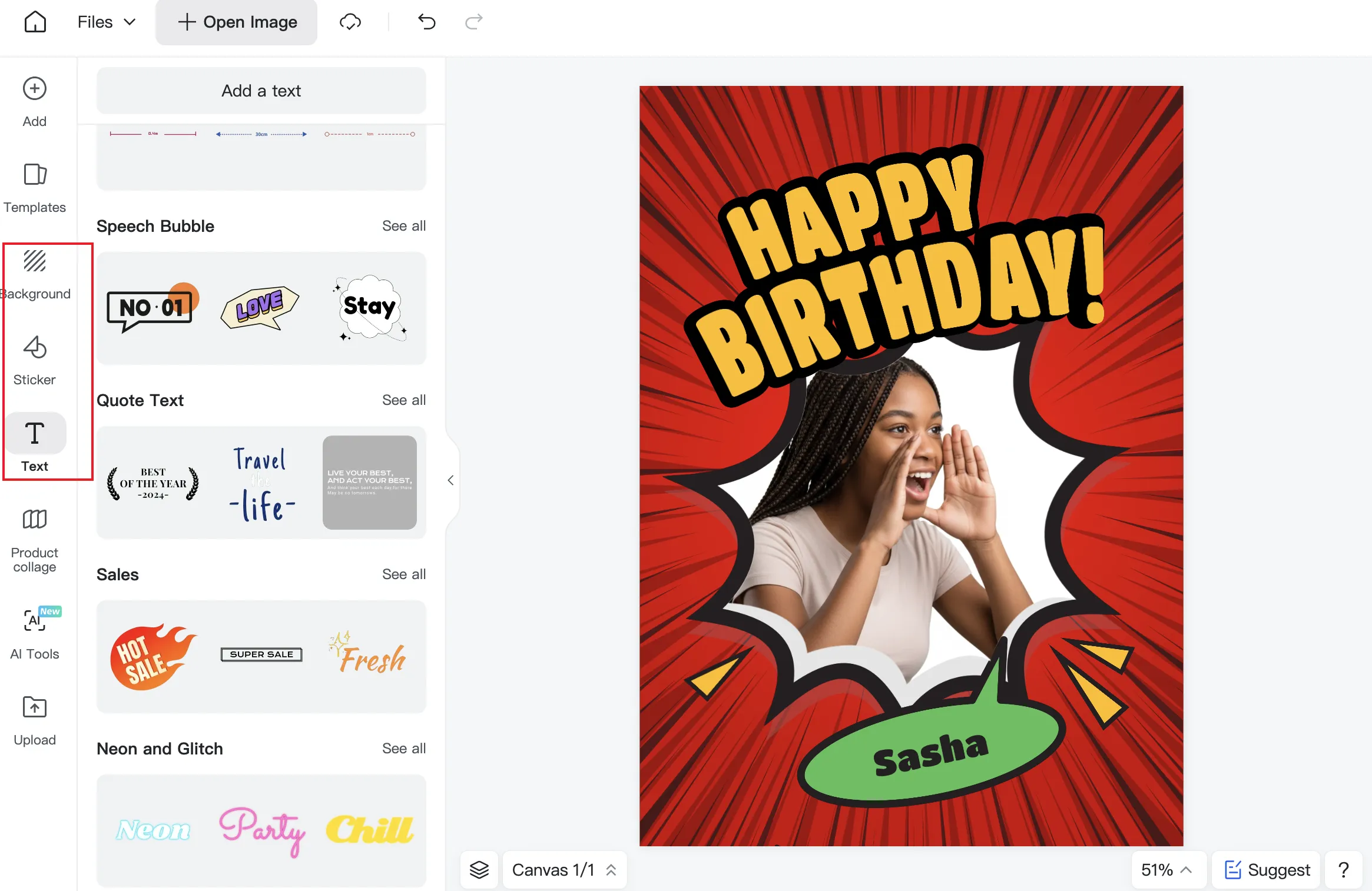 Customize Birthday Card Design insMind editing interface displaying options to change text, colors, fonts, and add stickers or decorations to the birthday card.