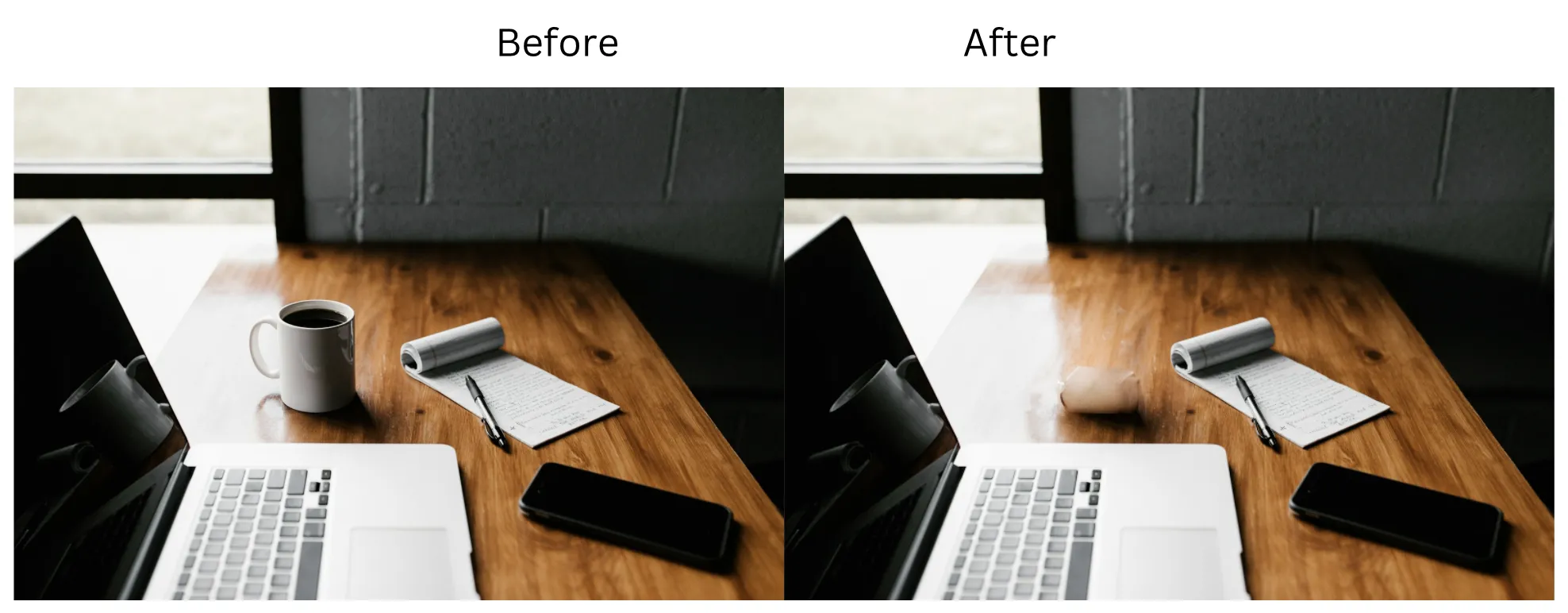 Demonstration image showing a photo before and after Removing Objects using the insMind tool