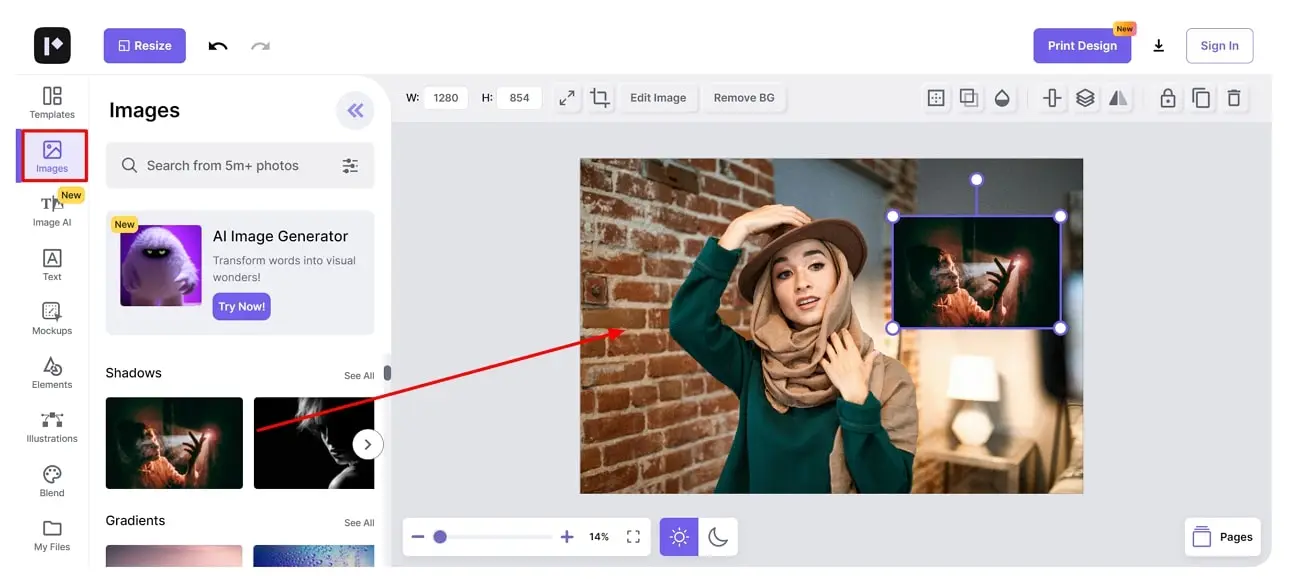 Screenshot of how to access the photo mixer feature in Pixelied