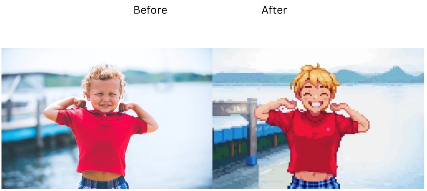 Demonstration image showing a photo before and after using the insMind Photo to Pixel Art ool