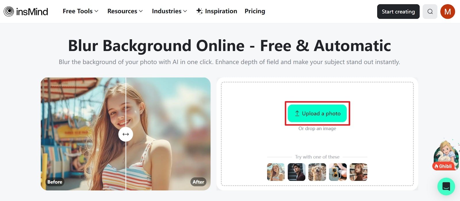 Access the insMind's Blur Background Online