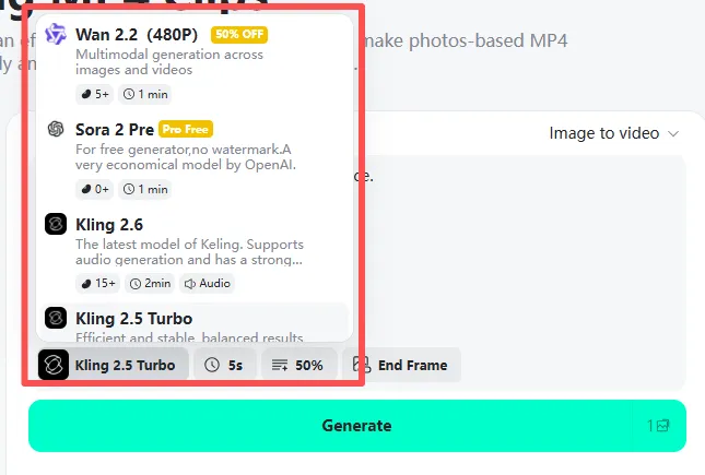 Select your preferred model for pet video creation