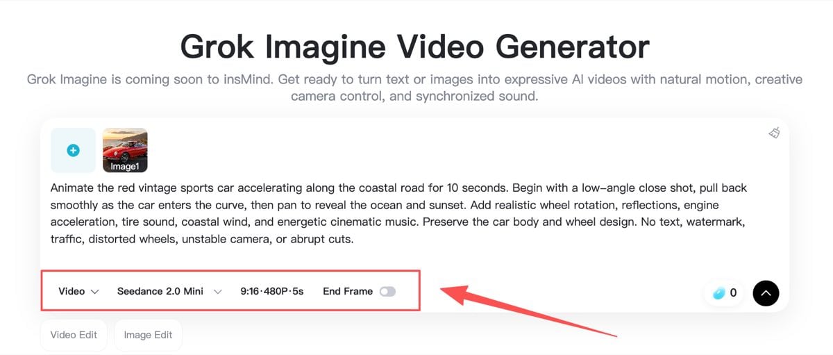 Model, ratio, resolution, duration, and end-frame video controls.