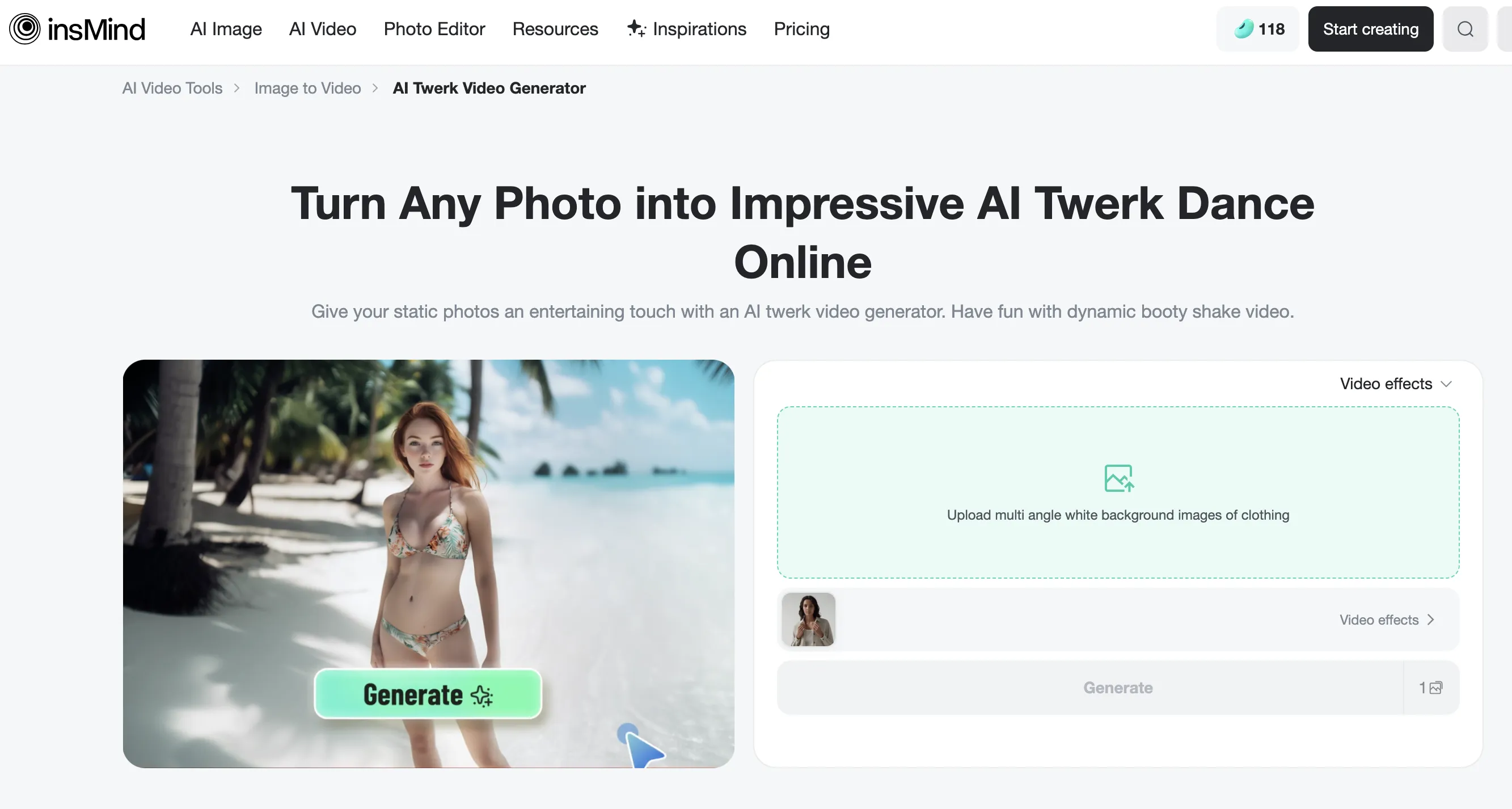 Screenshot of insMind AI Twerk Generator interface Screenshot of insMind AI Twerk Generator interface showing video creation features for AI girlfriend animations.