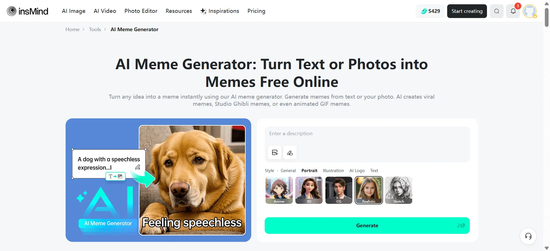 Visit insMind's Meme Generator to create quick, shareable meme images with AI.
