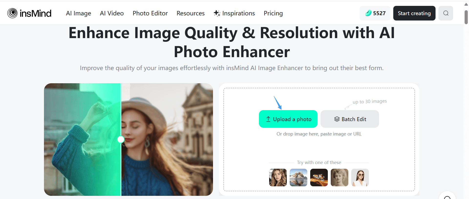 Start by uploading a screenshot to insMind’s AI image enhancer tool.