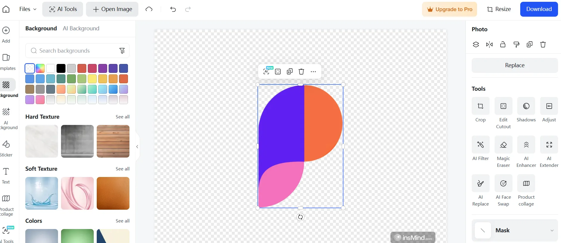 Image show casing the process of removing the background to a photo using insMind