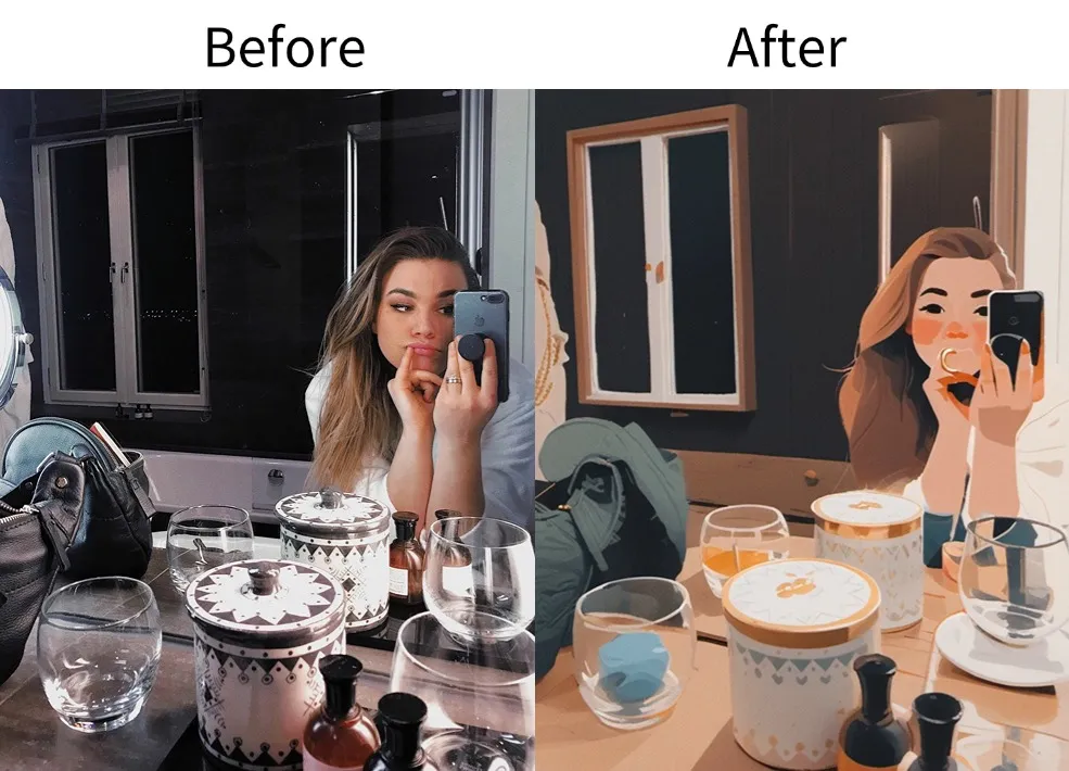 Demonstration image showing a photo before and after using the AI filters Tool