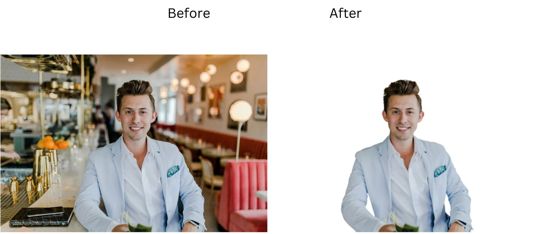 Demonstration image showing a photo before and after removing the background using the insMind tool