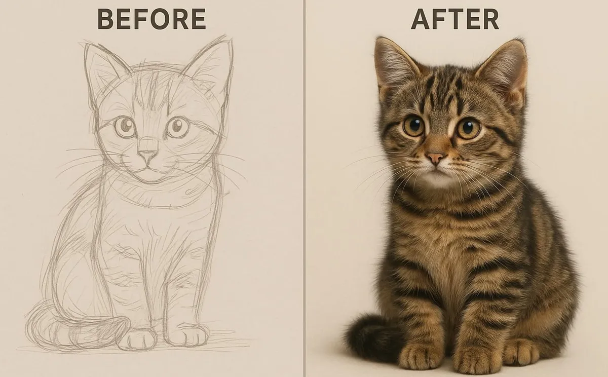 Shows how AI makes drawing realistic by refining animal features and expressions.