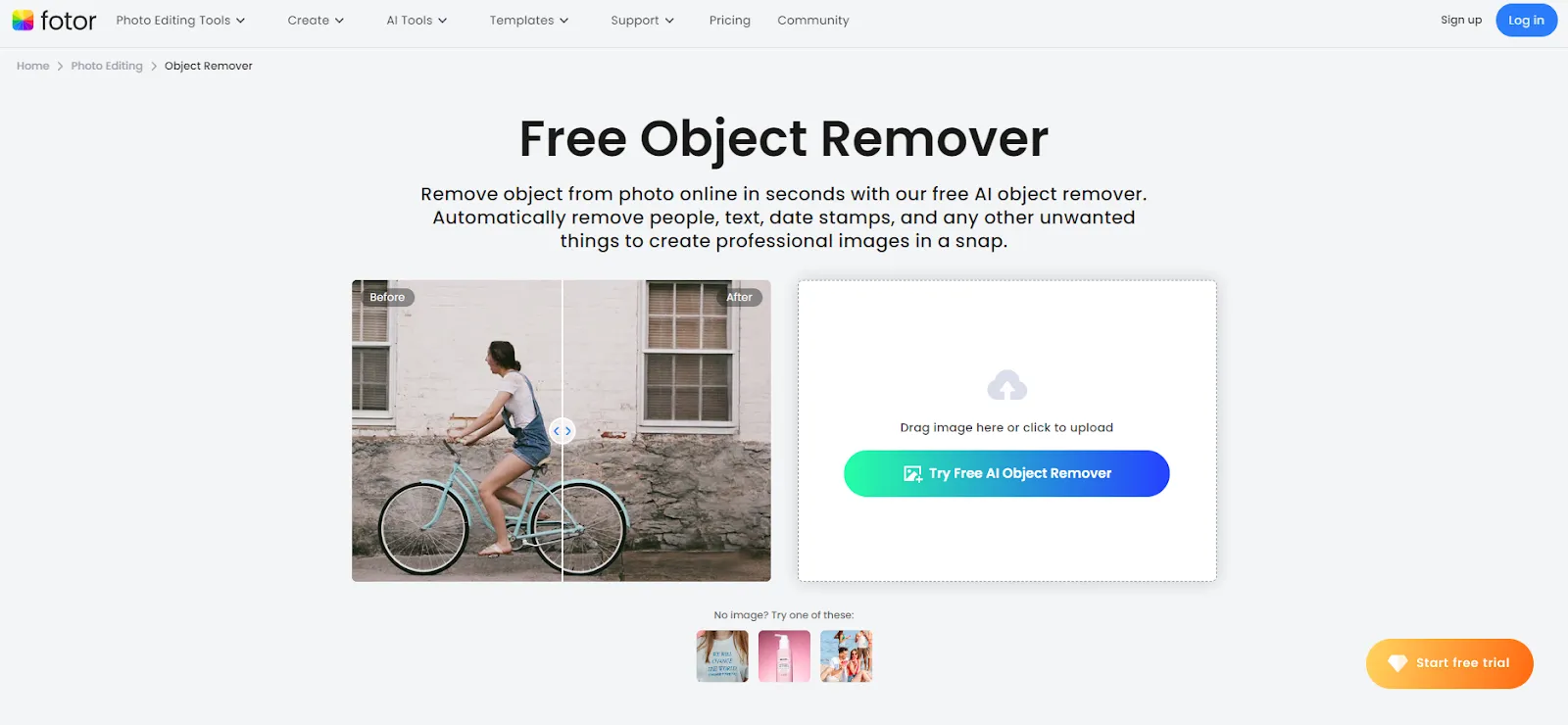 screenshot shows the page of Object Remover in Fotor