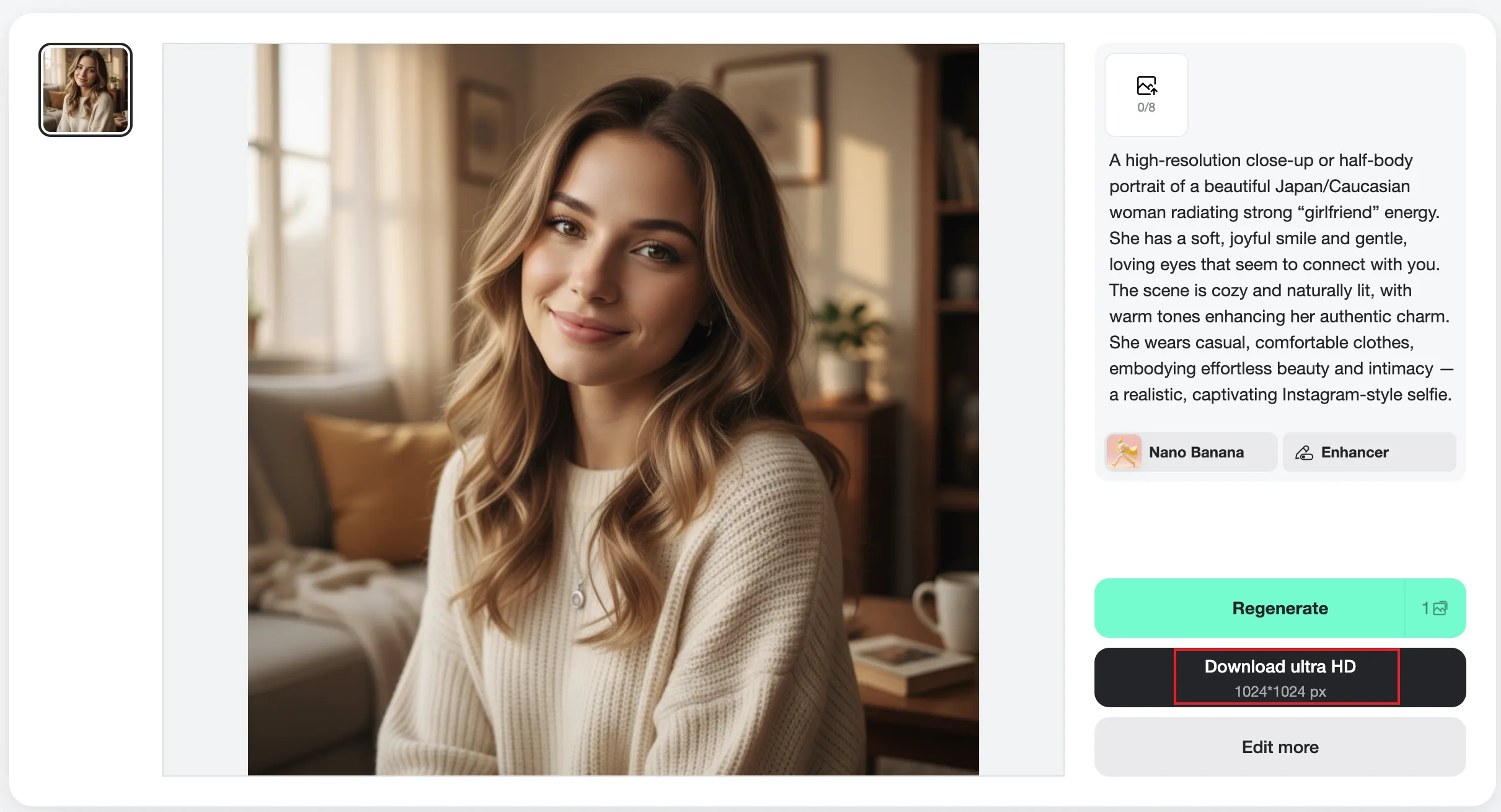 Preview page of generated AI girlfriend on insMind Preview page of generated AI girlfriend on insMind with download options displayed.