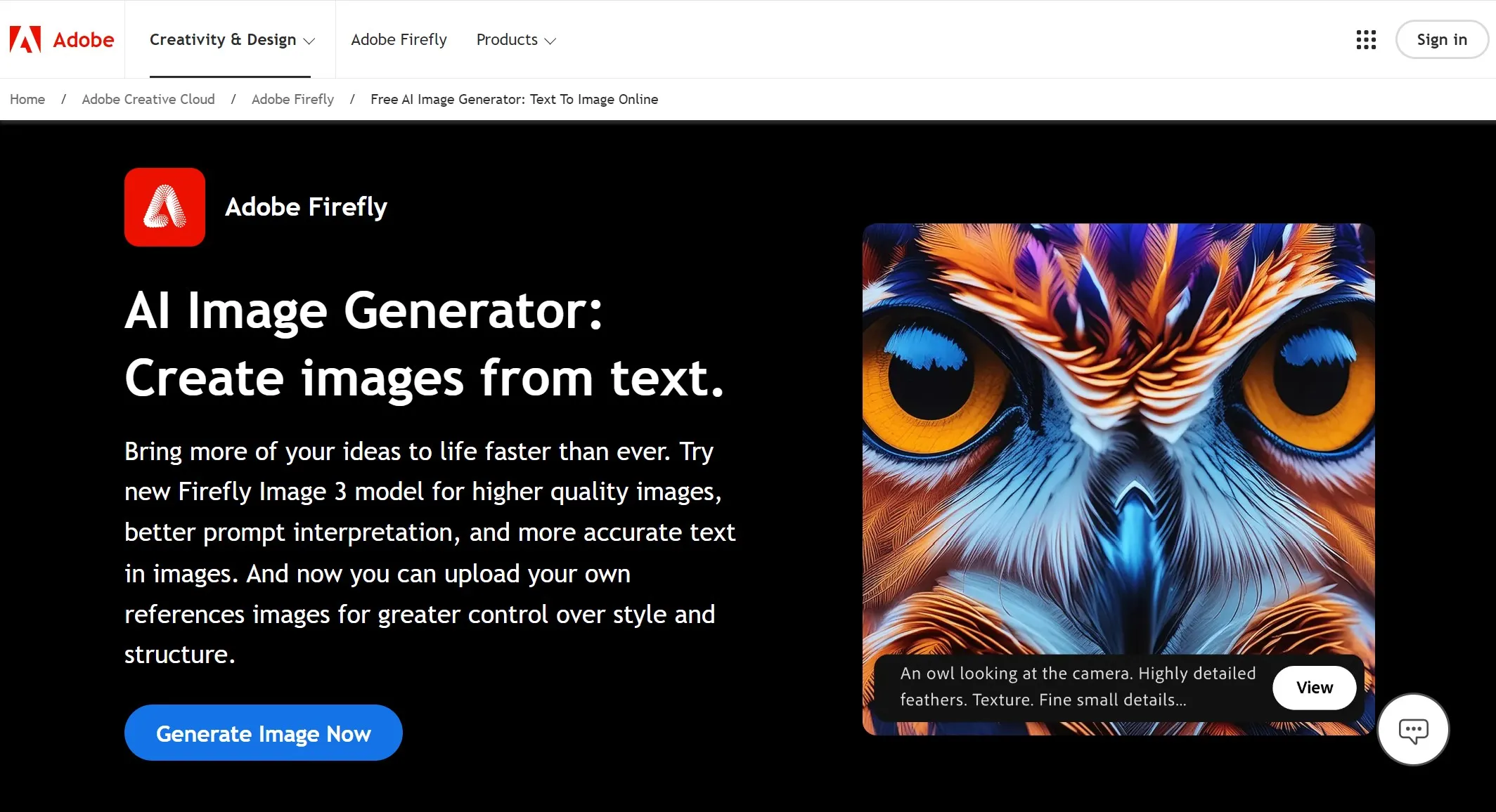 Screenshot of Adobe Firefly's homepage