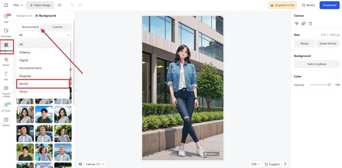 Selecting an AI background category on insMind