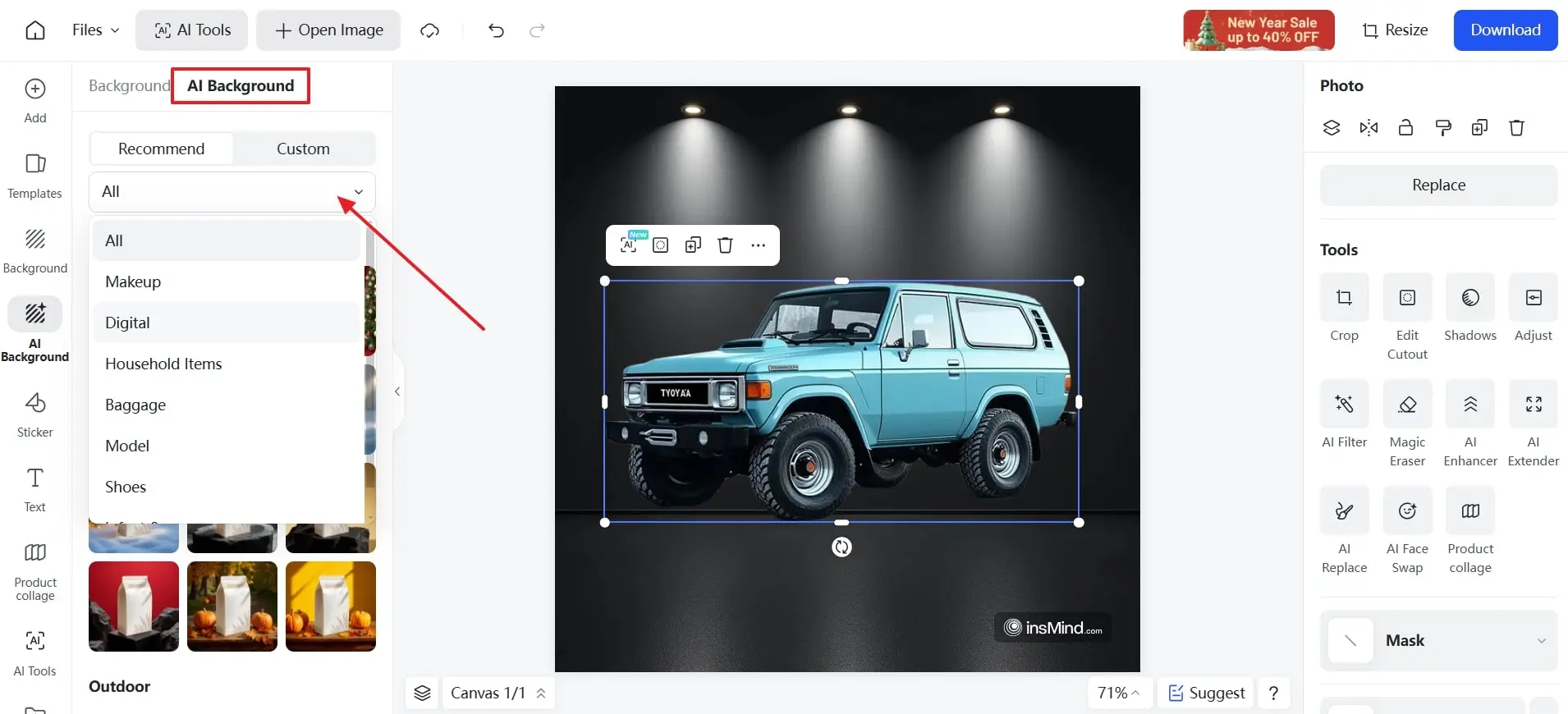 expand list to choose product style to remove background in Illustrator story